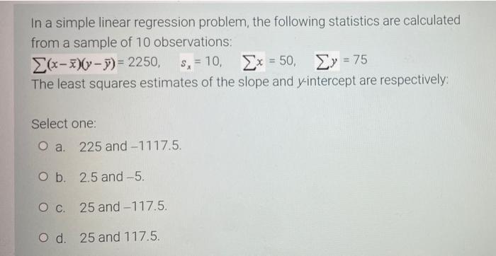 Solved In a simple linear regression problem, the following | Chegg.com