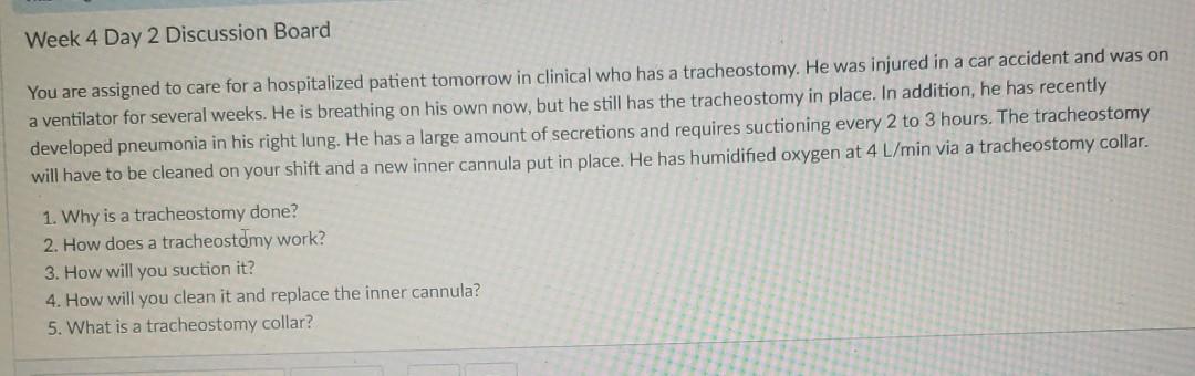 Week 4 Day 2 Discussion Board You are assigned to care for a hospitalized patient tomorrow in clinical who has a tracheostomy