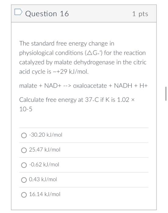Solved Question 16 1 pts The standard free energy change in | Chegg.com