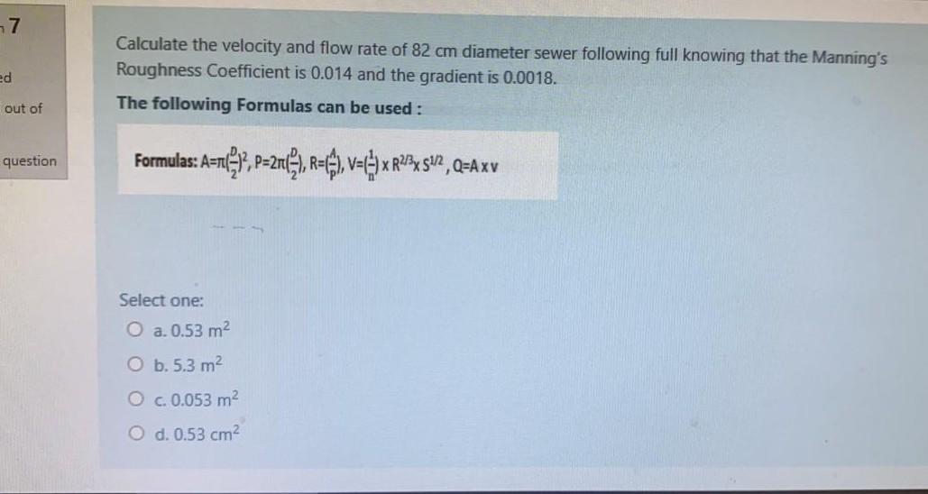 Solved 1 Calculate the velocity of a flow rate of 82 cm | Chegg.com