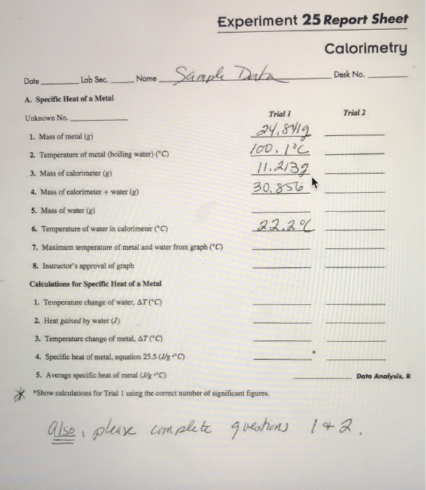 calorimetry experiment write up