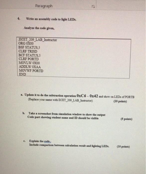 Solved Paragraph 2 4. Write an assembly code to light LEDs. | Chegg.com
