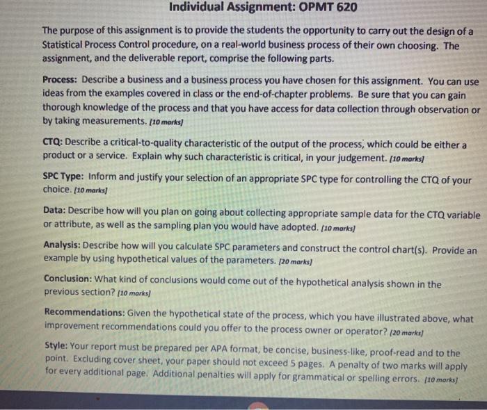 Solved Individual Assignment: OPMT 620 The Purpose Of This | Chegg.com