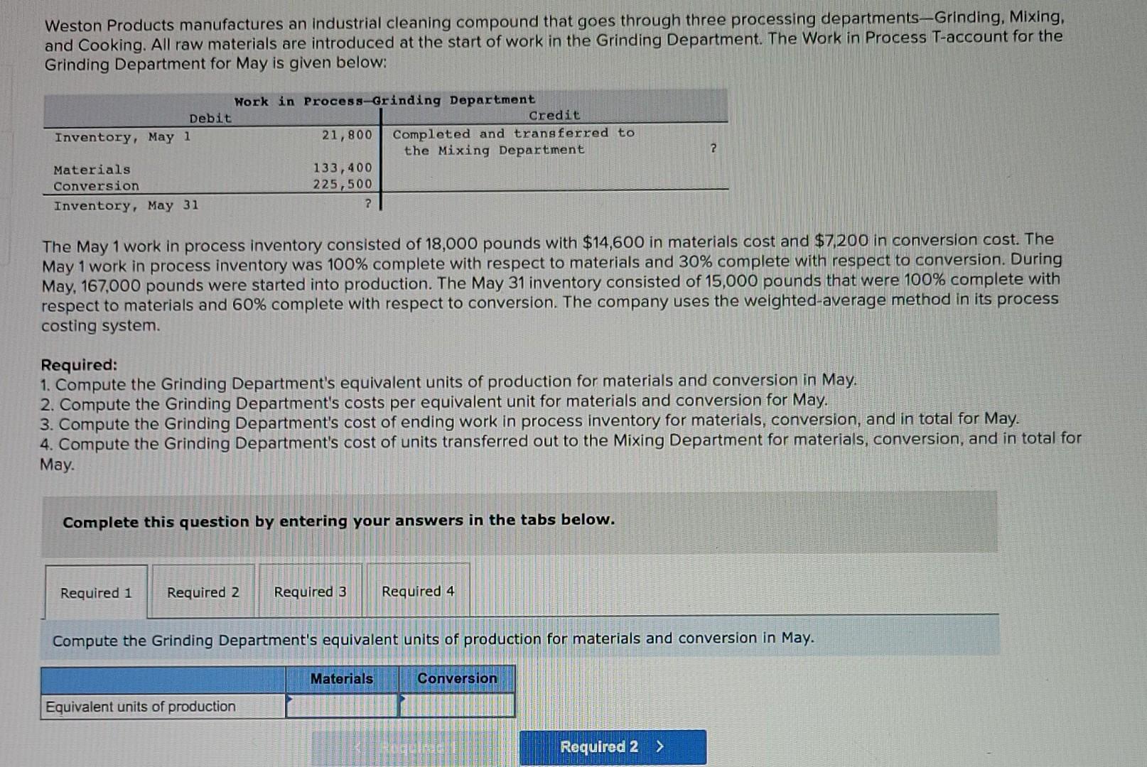 Solved Weston Products manufactures an industrial cleaning