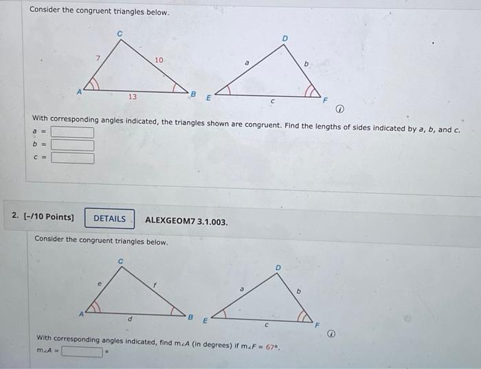 Solved Consider the congruent triangles below. 10 13 E With | Chegg.com