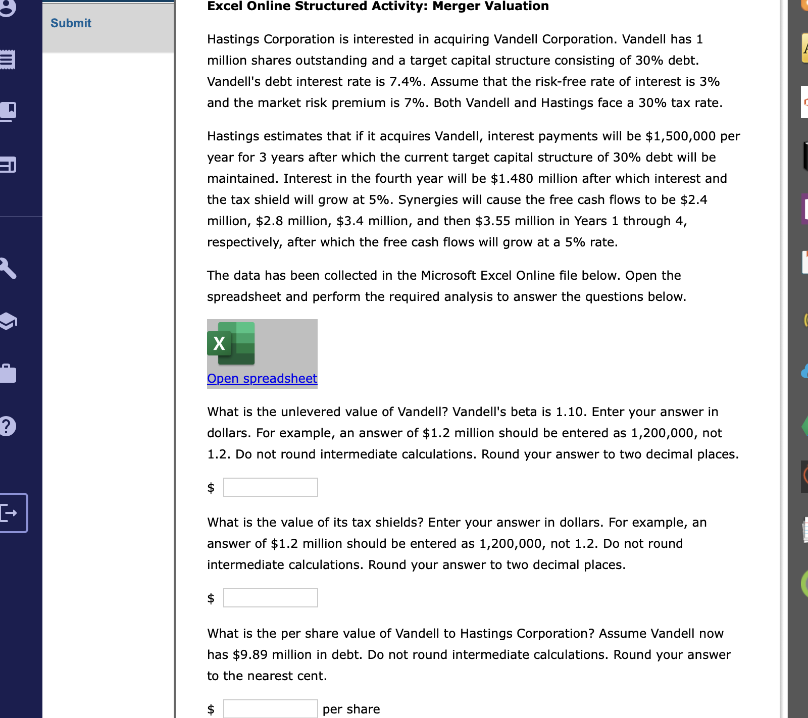 Solved Excel Online Structured Activity: Merger Valuation | Chegg.com