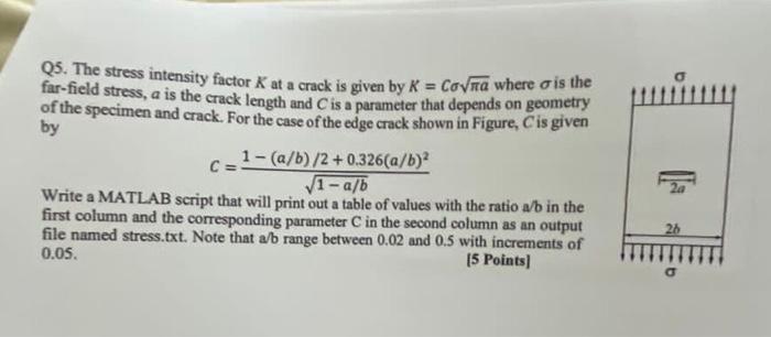 Solved Q5. The stress intensity factor K at a crack is given | Chegg.com
