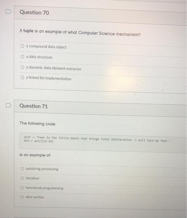 Solved D Question 70 A tuple is an example of what Computer | Chegg.com