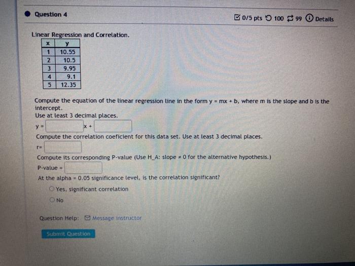 Solved Question 4 0/5 pts 100 99 Details Linear Regression | Chegg.com