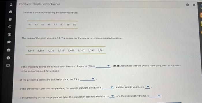 Solved Consider a data set containing the following values: | Chegg.com