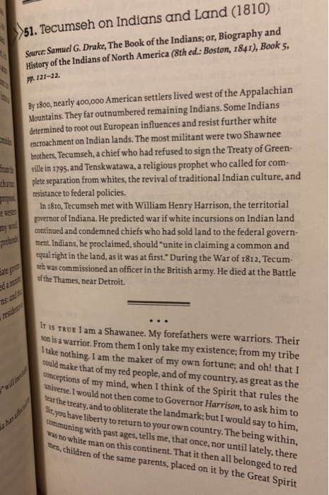 Questions 1. How does Tecumseh's speech illustrate | Chegg.com