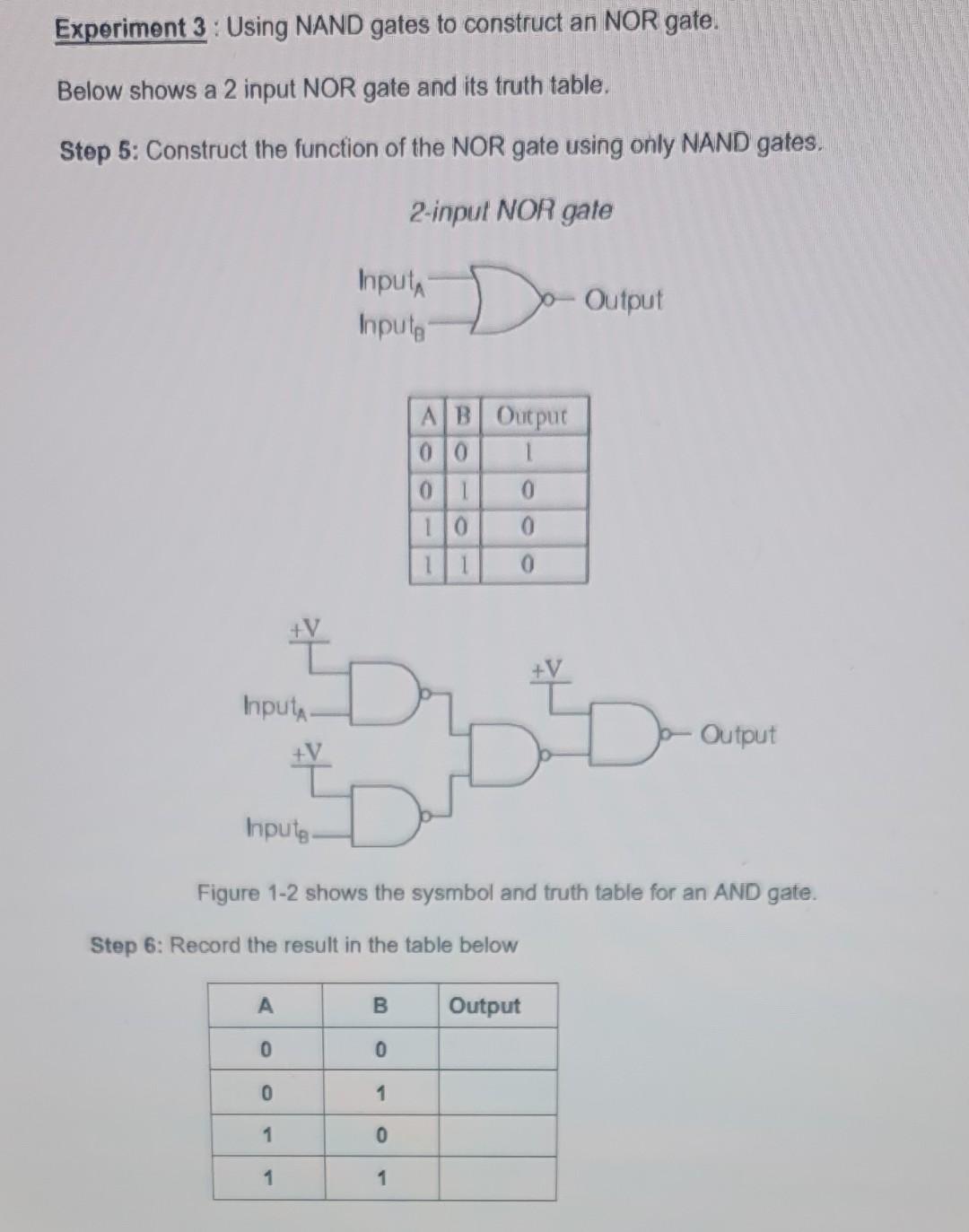 Experiment 3 : Using NAND gates to construct an NOR gate.
Below shows a 2 input NOR gate and its truth table.
Step 5: Constru