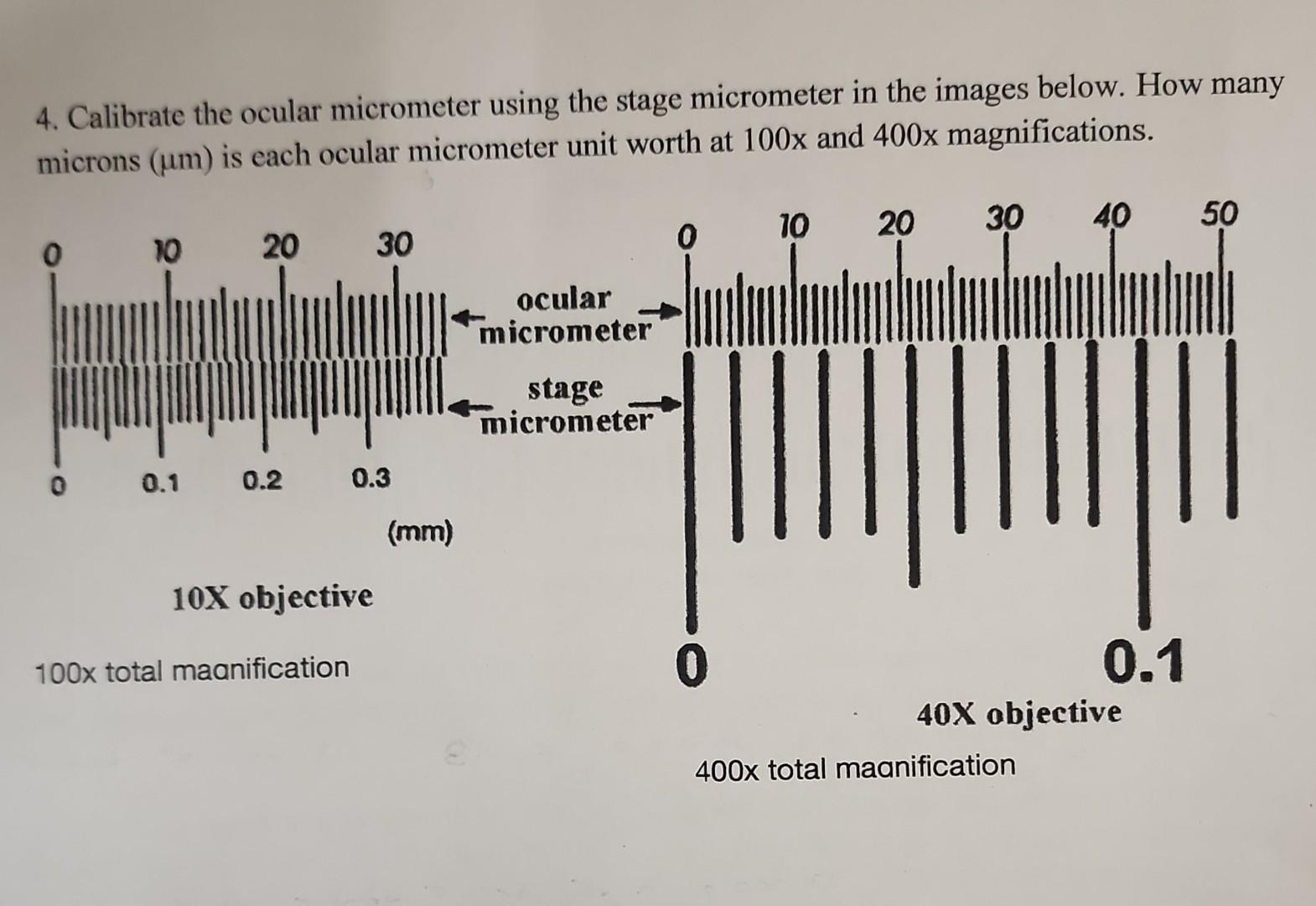 Solved 4. Calibrate the ocular micrometer using the stage