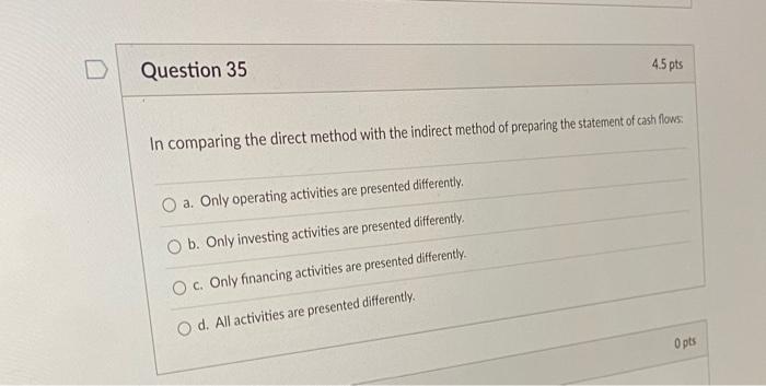 Solved Question 35 45 pts In comparing the direct method | Chegg.com