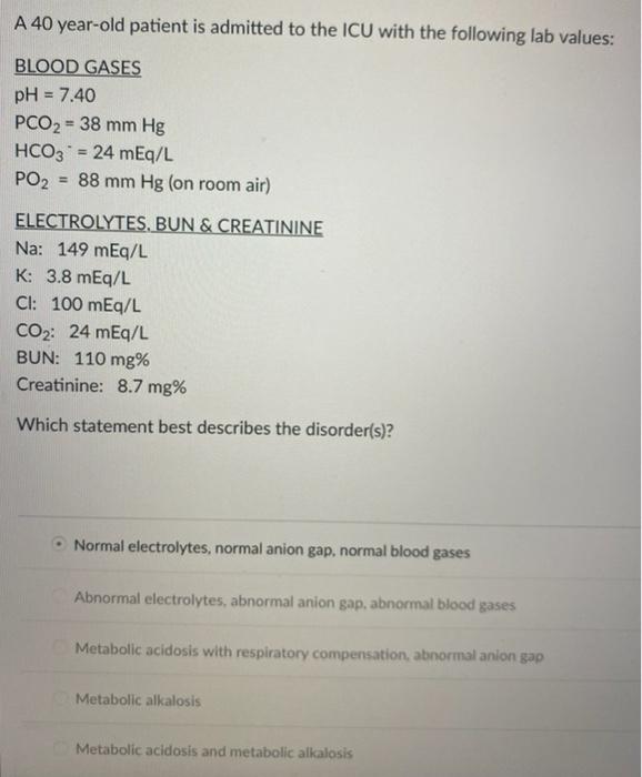 Solved A 40 year-old patient is admitted to the ICU with the | Chegg.com