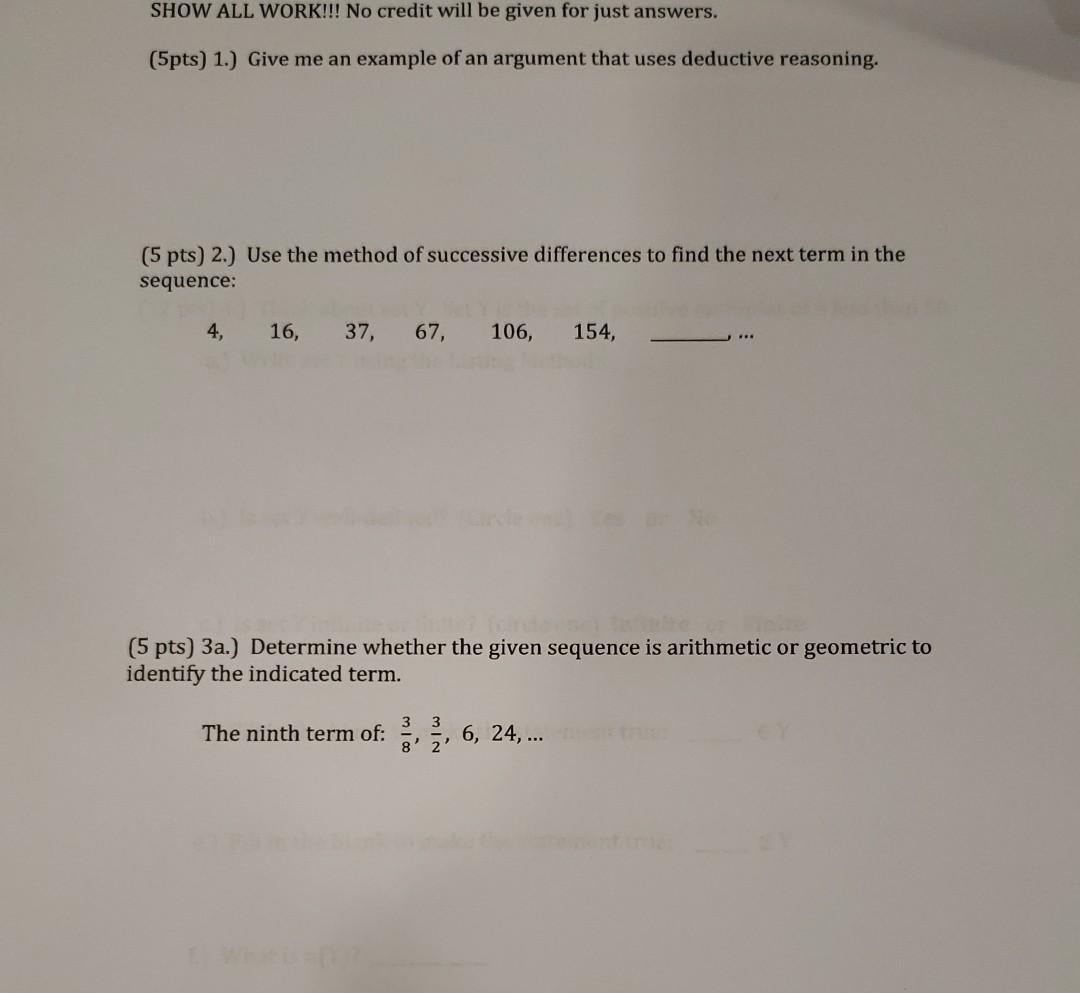 Solved SHOW ALL WORK!!! No credit will be given for just | Chegg.com