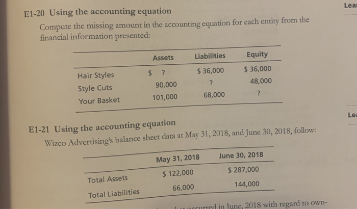 Solved Leal E1 Using The Accounting Equation Compute The Chegg Com