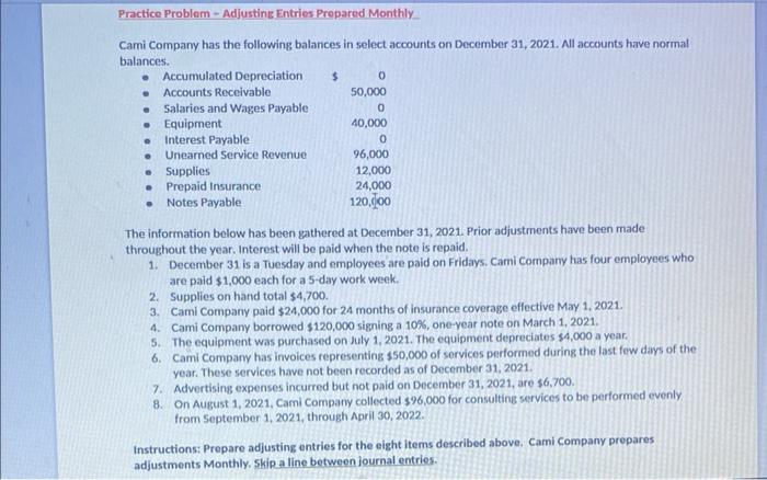 Solved Practice Problem - Adjusting Entries Prepared Monthly