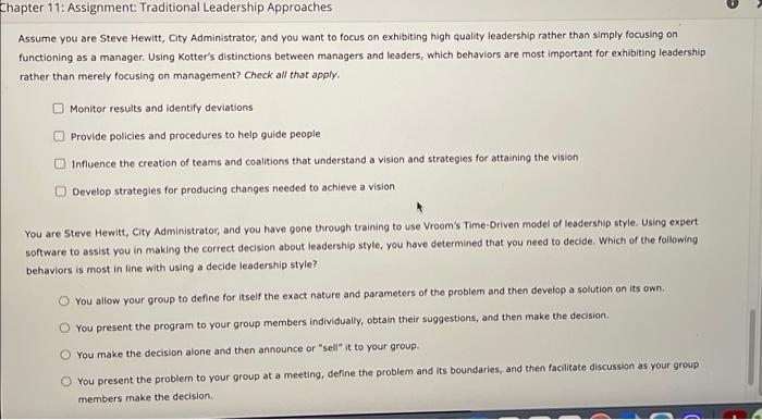 Solved Chapter 11: Assignment: Traditional Leadership | Chegg.com