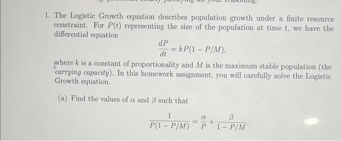 Solved 1. The Logistic Growth Equation Describes Population | Chegg.com