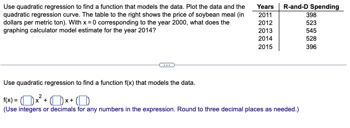 Solved Use quadratic regression to find a function that | Chegg.com