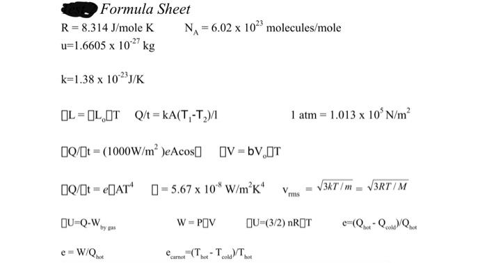 Solved Formula Sheet R 8 314 J Mole K Na 6 02 X 1023 M Chegg Com