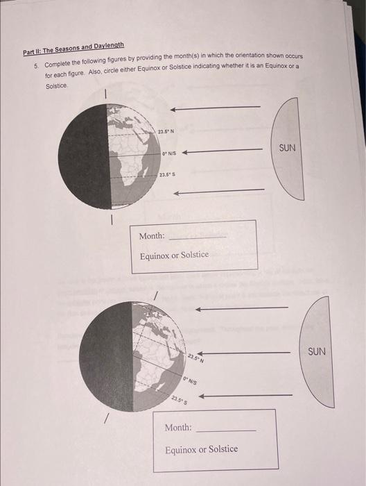 Part ll: The Seasons and Daylength
5. Complete the following figures by providing the month(s) in which the orientation shown