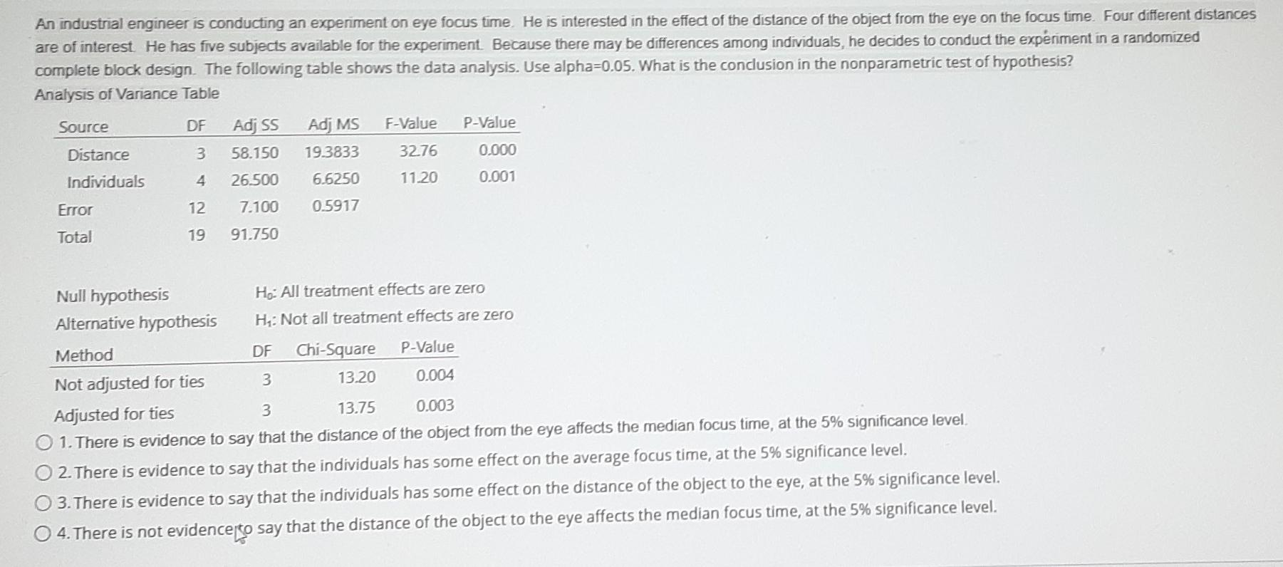 Solved An Industrial Engineer Is Conducting An Experiment On | Chegg.com