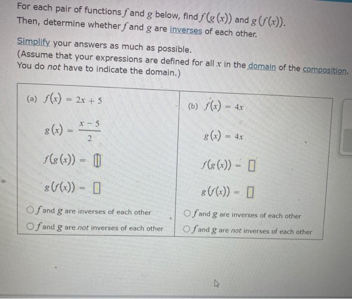 Solved For Each Pair Of Functions F And G Below Find 6468