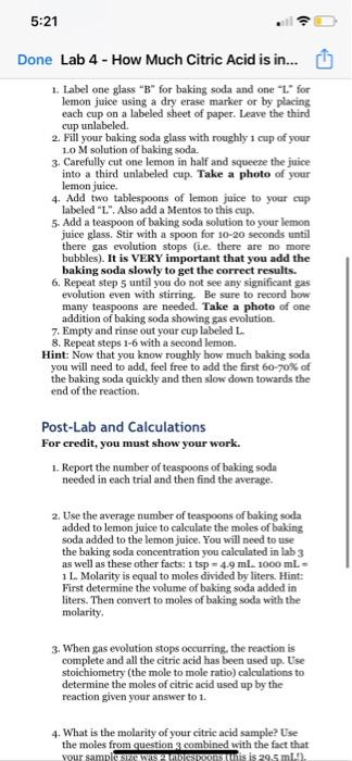 Solved 5:21 Done Lab 4 - How Much Citric Acid Is In... ☺ | Chegg.com