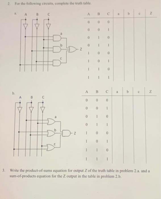 Solved 2. For the following circuits, complete the truth | Chegg.com