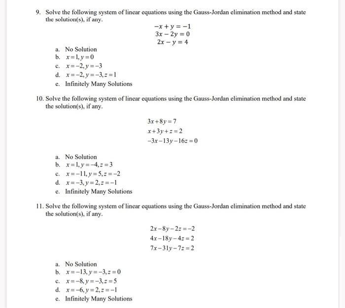 Solved 9. Solve The Following System Of Linear Equations | Chegg.com