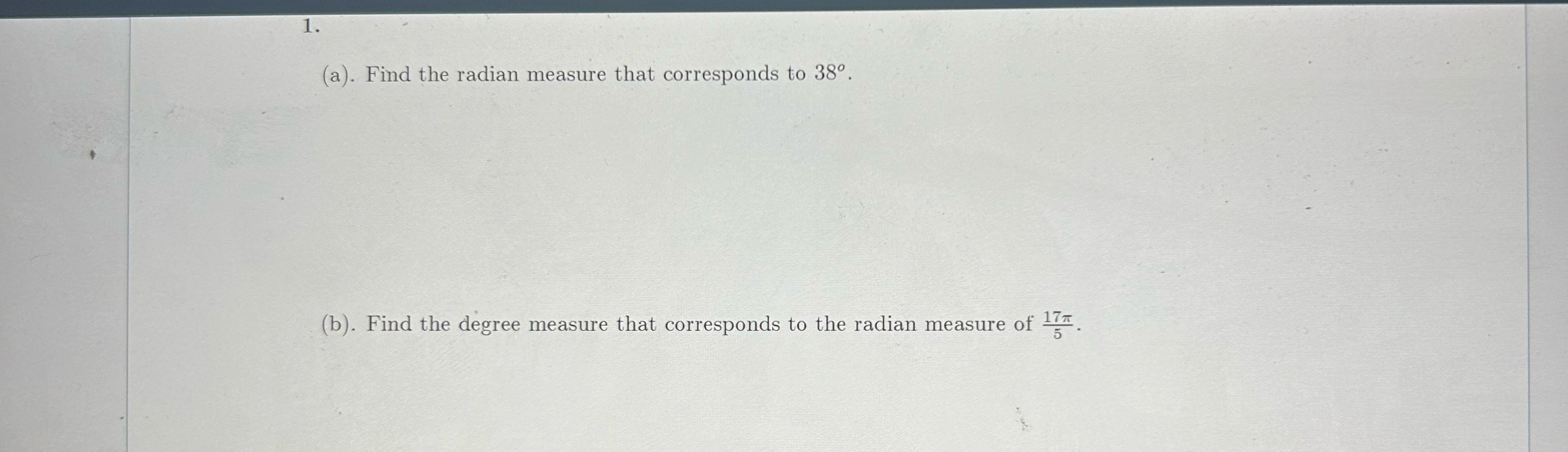 Solved (a). ﻿Find the radian measure that corresponds to | Chegg.com