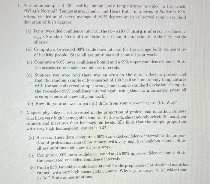 Solved 1. A random sample of 130 healthy human body