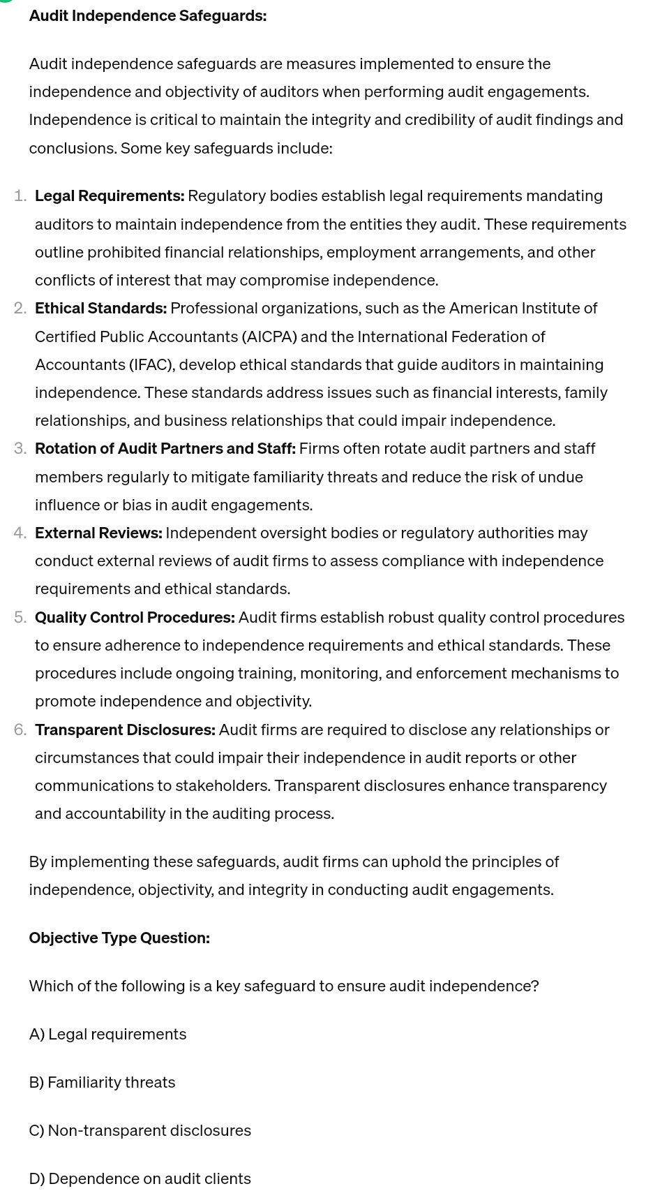 Solved Audit Independence SafeguardsAudit independence