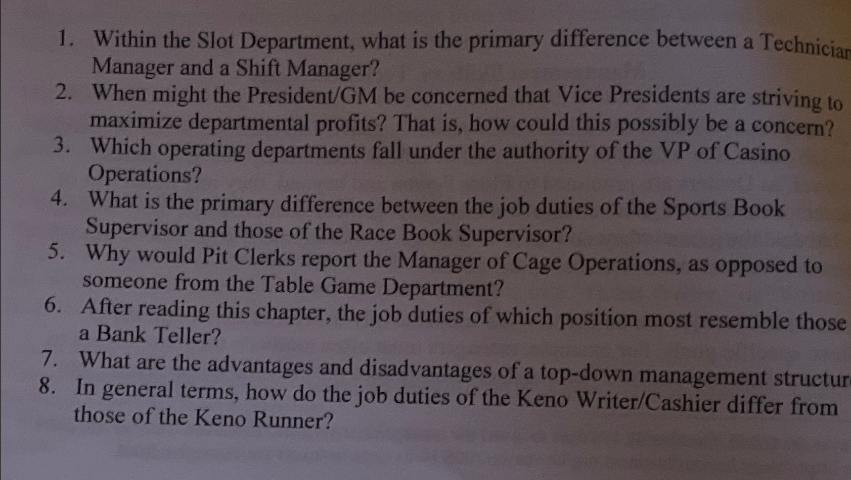 Solved Within the Slot Department, what is the primary | Chegg.com