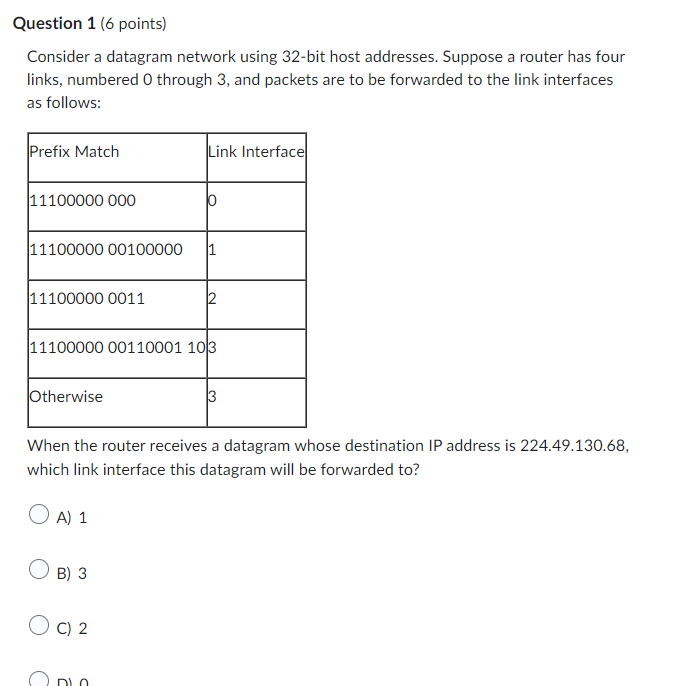 Solved Question 1 (6 ﻿points)Consider a datagram network | Chegg.com