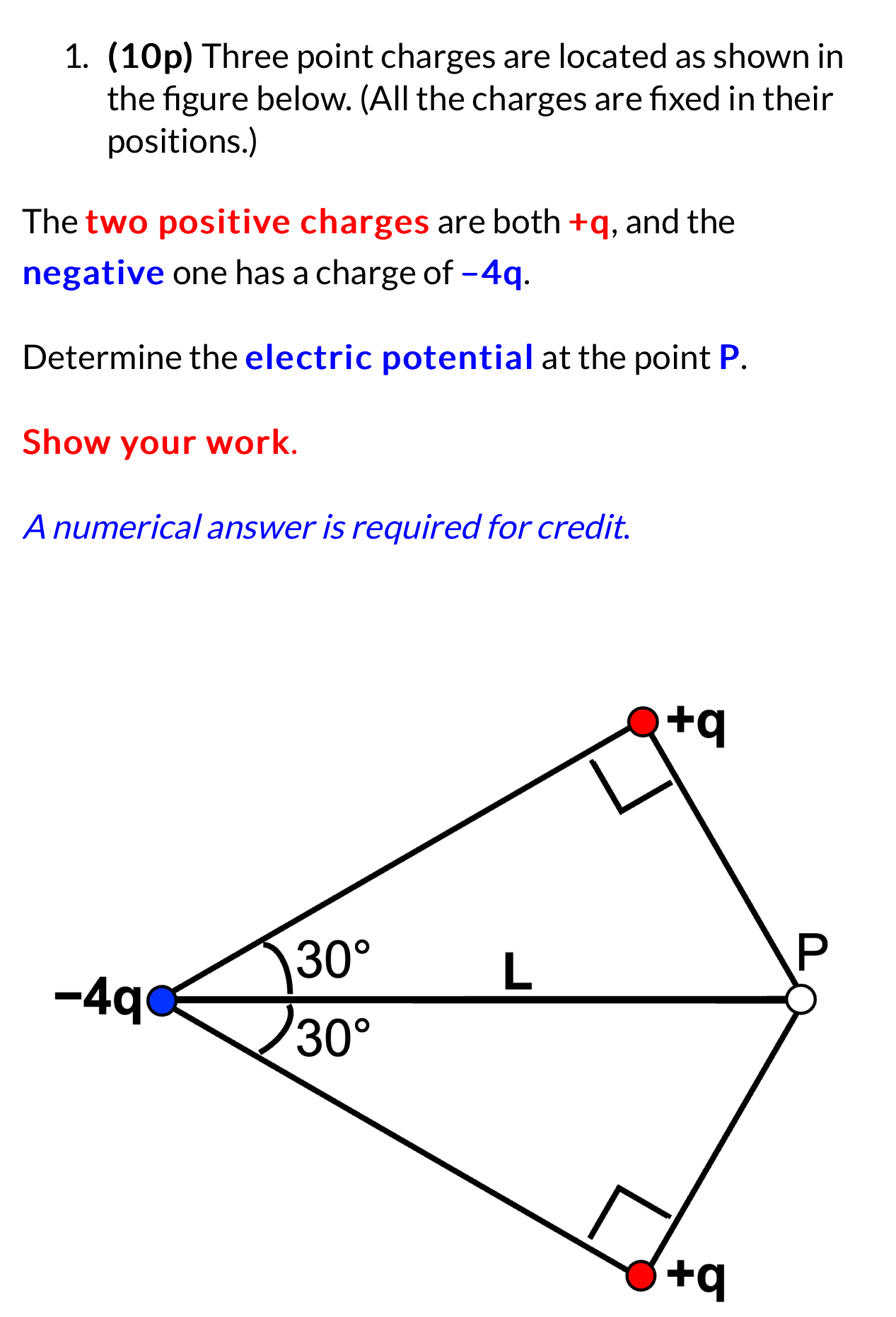 Solved (10p) ﻿Three point charges are located as shown in | Chegg.com