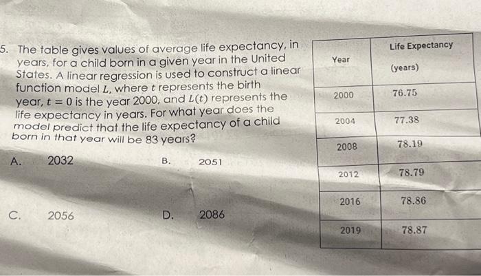 Solved 5. The Table Gives Values Of Average Life Expectancy, | Chegg.com