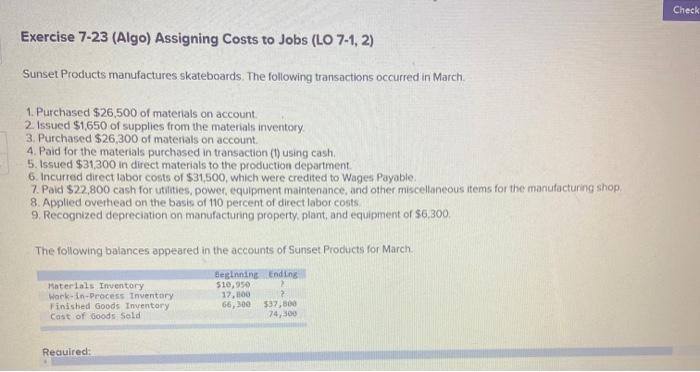 Solved Check Exercise 7-23 (Algo) Assigning Costs to Jobs | Chegg.com