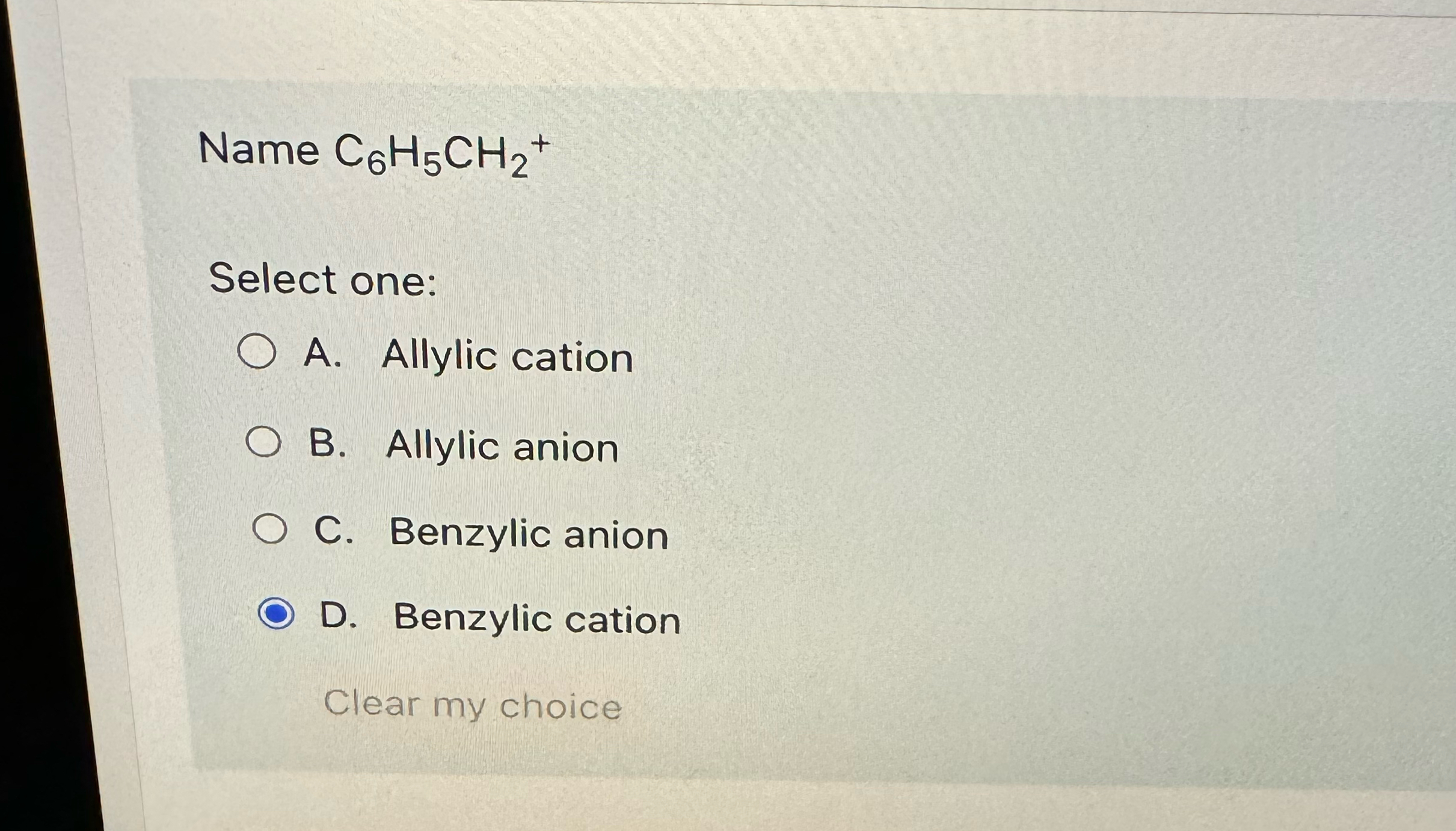 Solved Name C6H5CH2+Select one:A. ﻿Allylic cationB. ﻿Allylic | Chegg.com