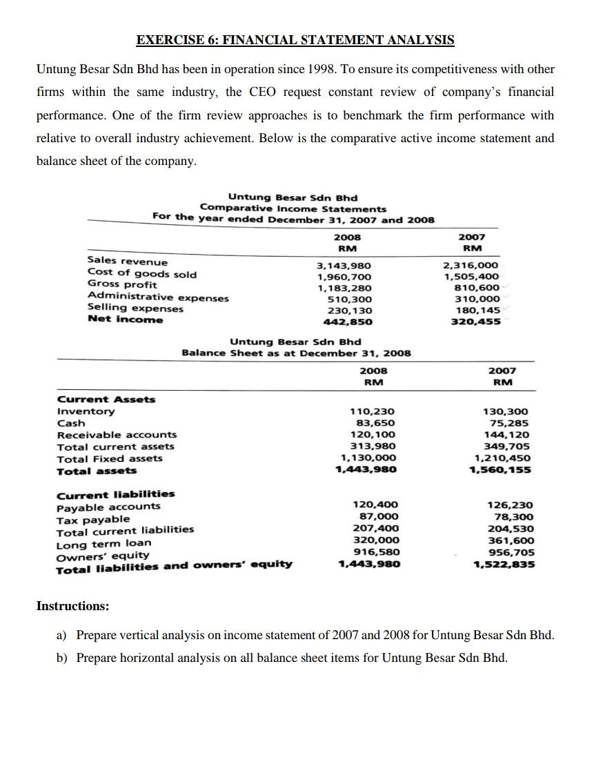 Solved EXERCISE 6: FINANCIAL STATEMENT ANALYSIS Untung Besar | Chegg.com