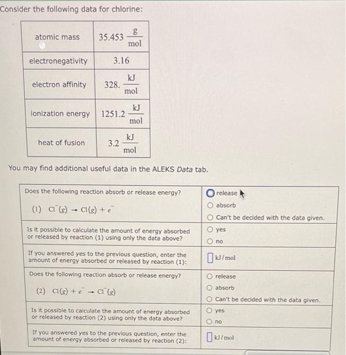 Solved Consider the following data for chlorine atomic mass