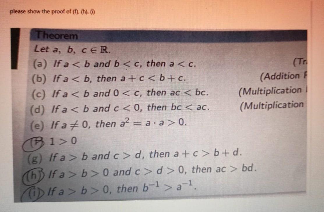 Solved Theorem Let A,b,c∈R. (a) If A 0. (B) 1>0 (g) If A>b | Chegg.com