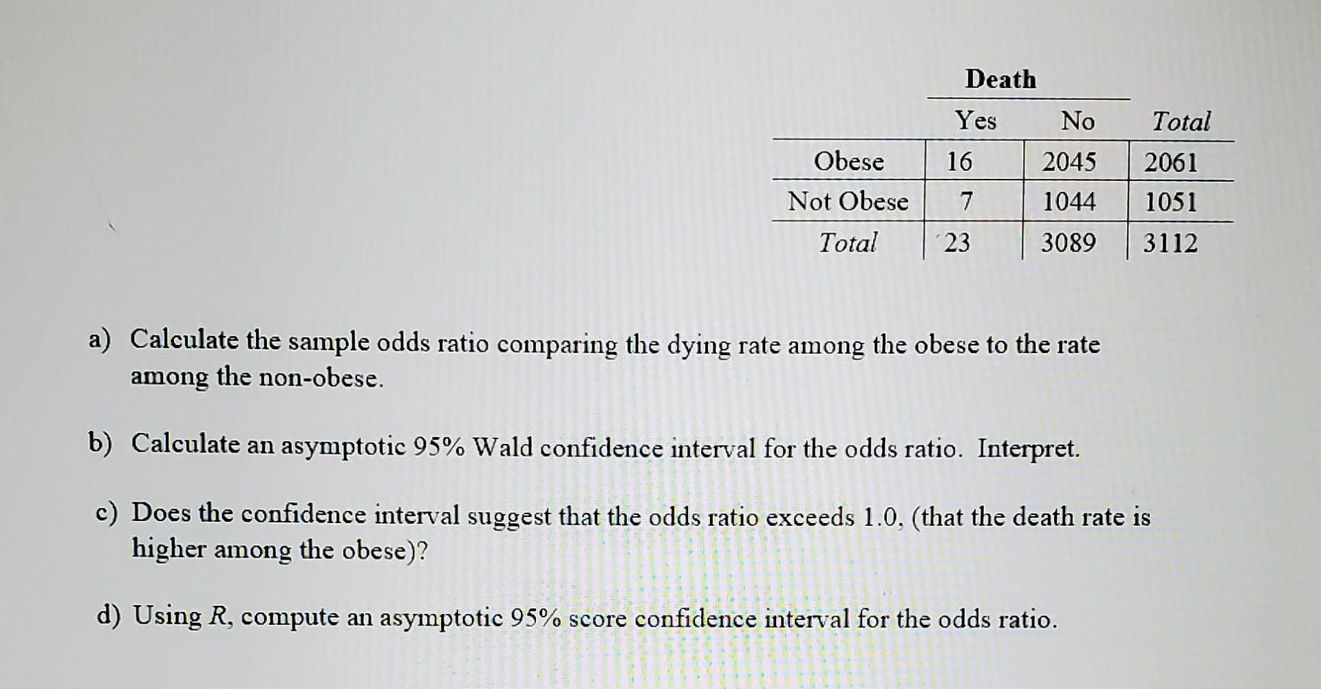 Odds Sample Solved a) Calculate the sample odds ratio comparing the | Chegg.com
