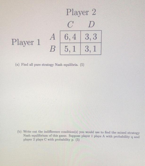 Solved Player 2 С D A 6,4 3,3 B 5,1 3,1 Player 1 (a) Find | Chegg.com