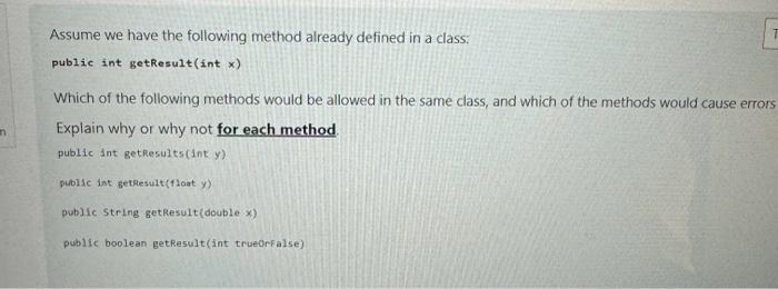 Solved Assume we have the following method already defined | Chegg.com
