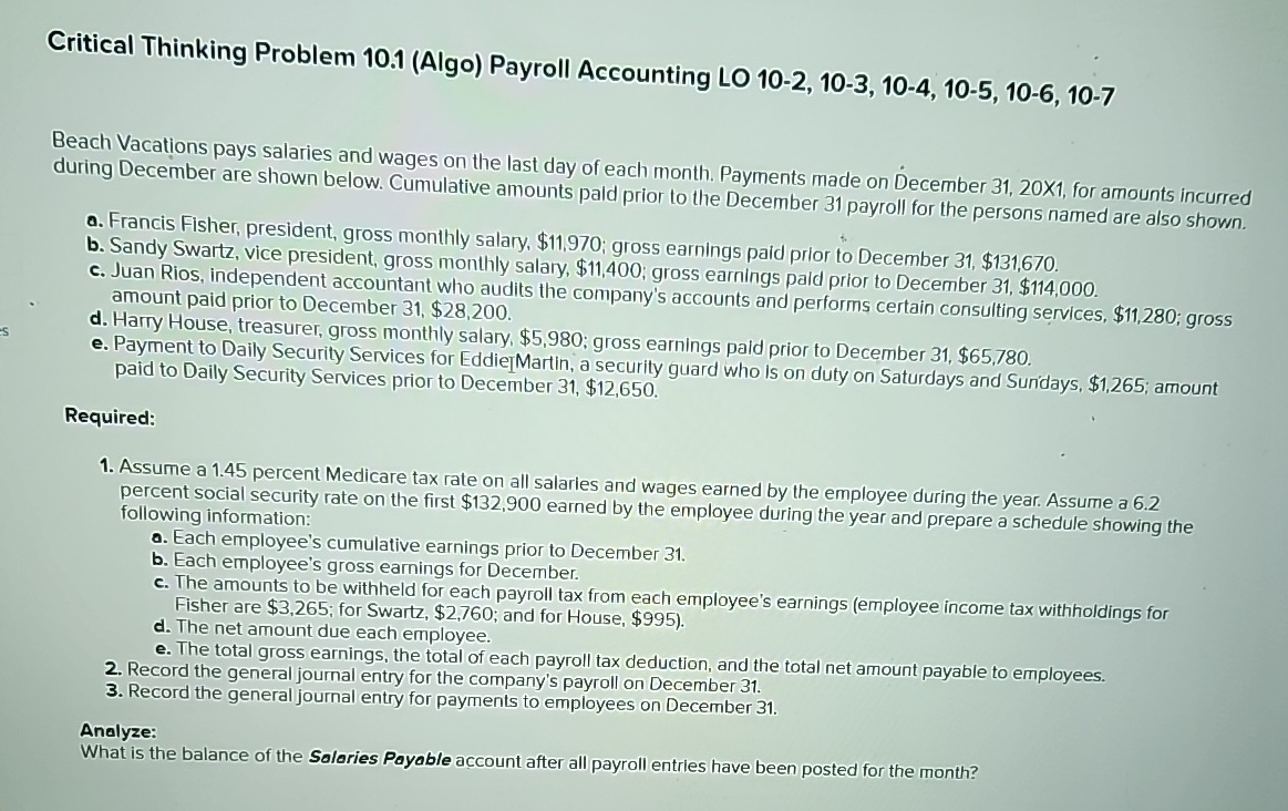 Paystub Problem Solving Answer Key Solved Critical Thinking Problem 10.1 (Algo) Payroll | Chegg.com