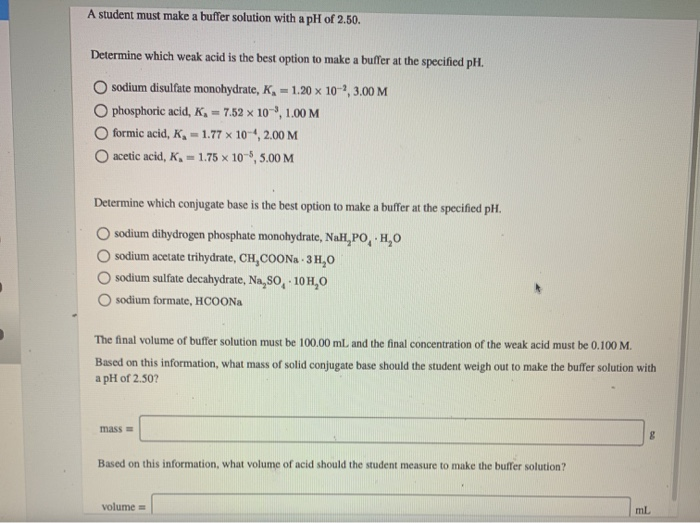 Solved A student must make a buffer solution with a pH of | Chegg.com