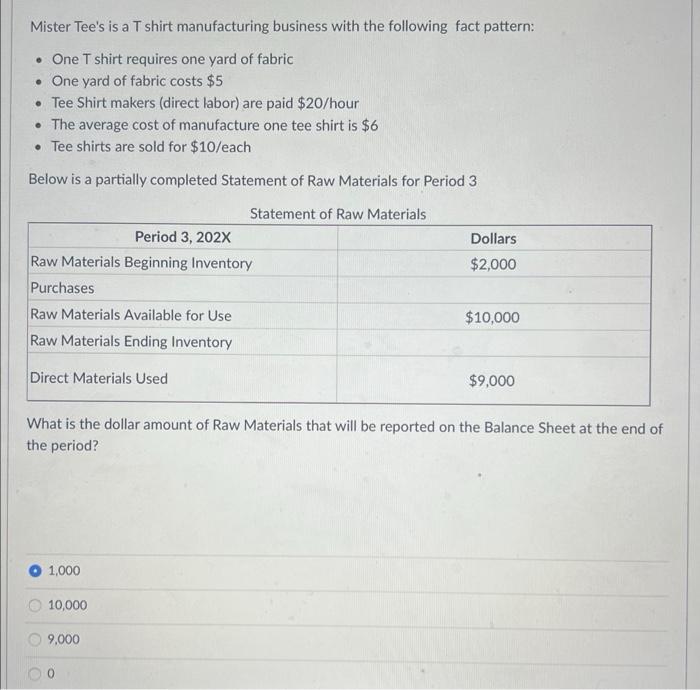 Solved Mister Tee's is a T shirt manufacturing business with